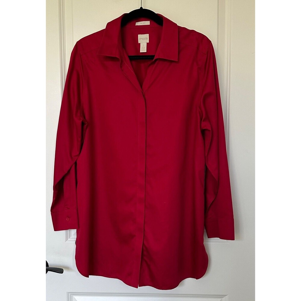 Chico's No-Iron Stretch Button-Down Tunic Shirt Red Chico’s 2 (Large / US 12)